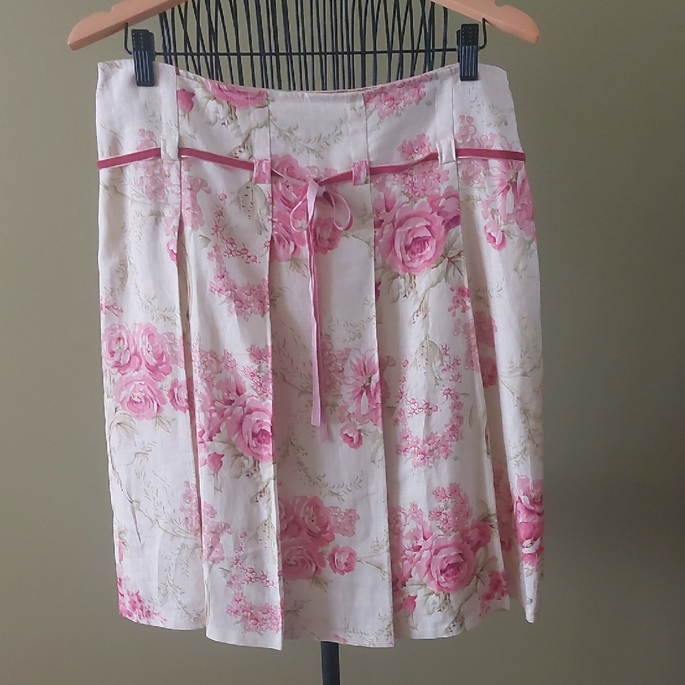 SIMPLY MANAKIN, Size 12, Floral Pink and Cream 100% Linen Women's Skirt